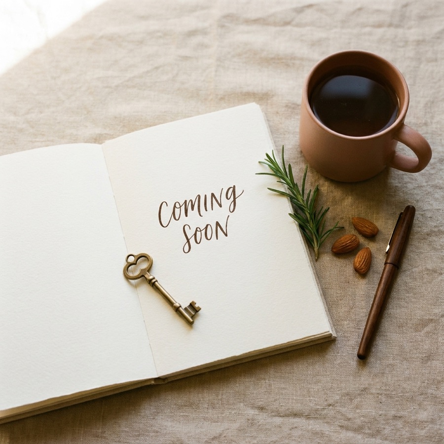 An open journal reading “Coming Soon” in handwritten script, with a brass key resting on the page beside a mug of tea, a sprig of rosemary and a fountain pen