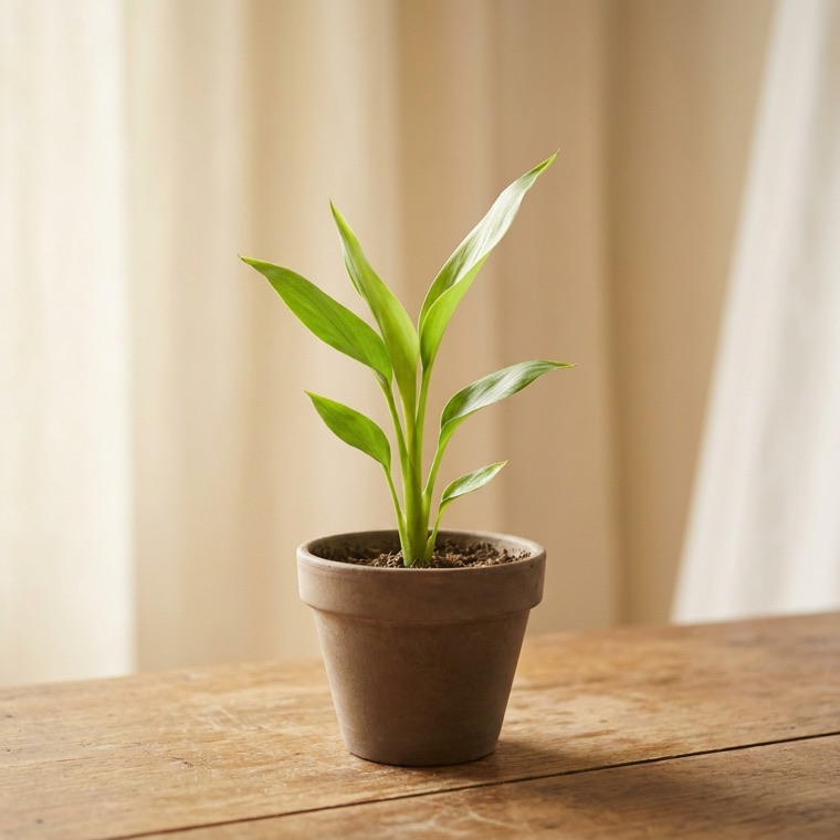 An established leafy green plant in a terracotta pot on a worn wooden table